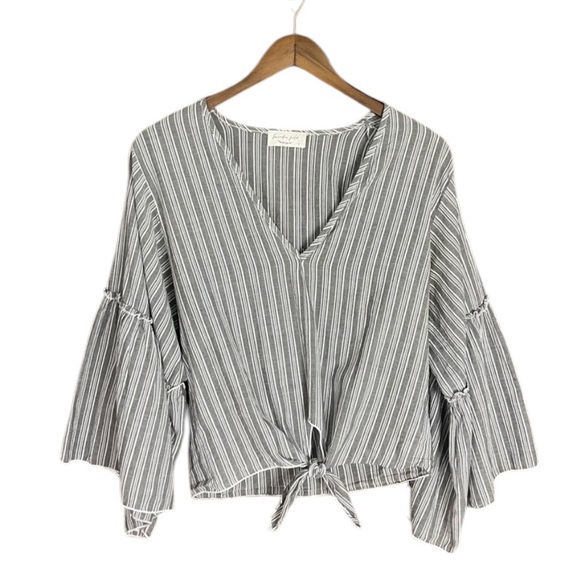 Lavender field |‎ Striped Bell Sleeve Ruffle Trim V-Neck Tie Front Blouse - Picture 1 of 8